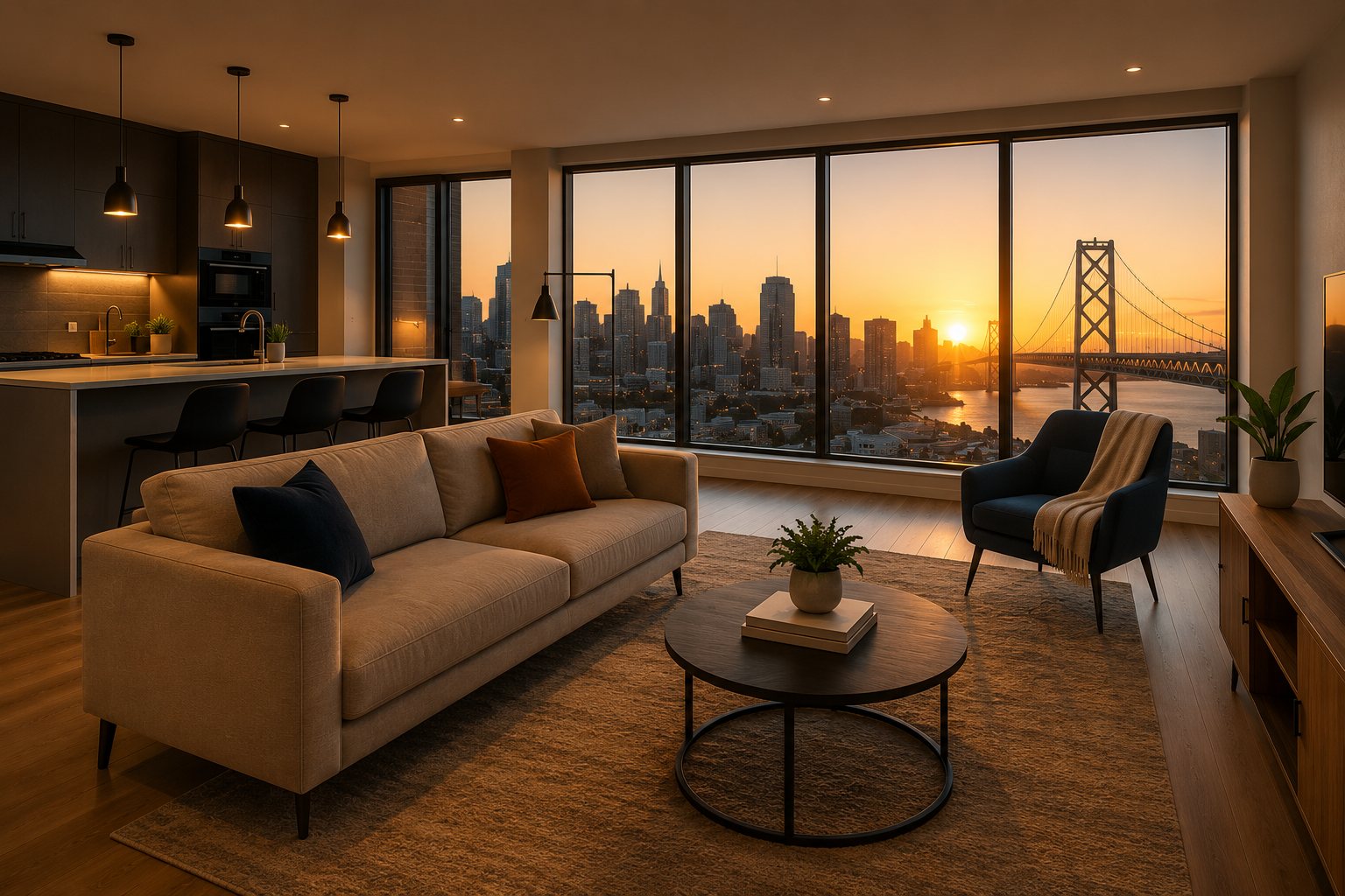 Furnished apartment living area with a city skyline view at dusk.