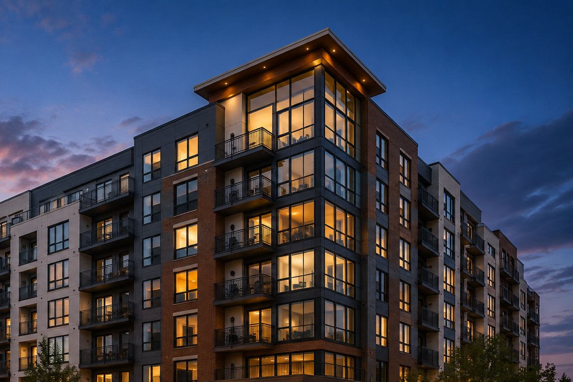 Modern multifamily apartment building exterior at dusk, with illuminated windows and balconies.